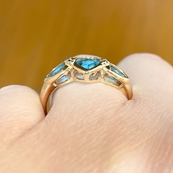 14K Swiss Blue Topaz Diamond Heart Marquis triplet solid yellow gold ring - Picture 9 of 10